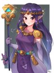  1boy 1girl armor cape circlet dress earrings furrowed_brow highres jewelry long_hair looking_at_viewer pointy_ears princess_hilda purple_dress purple_hair ravio red_eyes shoulder_armor sidelocks staff the_legend_of_zelda the_legend_of_zelda:_a_link_between_worlds triforce wakaba_(wata_ridley) 