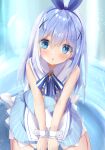  1girl :o apron bangs bare_shoulders blue_eyes blue_hair blue_ribbon blue_shirt blue_skirt blush commentary_request eyebrows_visible_through_hair gochuumon_wa_usagi_desu_ka? hair_between_eyes hair_ornament hair_ribbon highres kafuu_chino long_hair looking_at_viewer natuna_natu no_shoes parted_lips ribbon seiza shirt sitting skirt sleeveless sleeveless_shirt socks soles solo striped striped_shirt vertical-striped_shirt vertical-striped_skirt vertical_stripes very_long_hair waist_apron white_apron white_legwear wrist_cuffs x_hair_ornament 