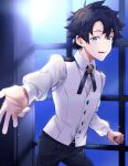  1boy alternate_costume bangs black_hair black_neckwear black_pants blue_eyes buttons collared_shirt commentary_request fate/grand_order fate_(series) formal fujimaru_ritsuka_(male) hair_between_eyes haisato_(ddclown14) indoors light_particles long_sleeves looking_at_viewer male_focus official_alternate_costume open_mouth outstretched_arm pants reaching reaching_out shirt short_hair smile solo under_the_same_sky vest white_shirt white_vest window 