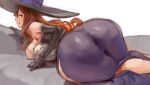  1girl ass ass_focus bare_shoulders black_gloves breast_press breasts brown_eyes brown_hair commentary curvy dragon&#039;s_crown dress elbow_gloves from_behind gloves hat huge_ass huge_breasts kazo long_hair looking_at_viewer looking_back purple_dress solo sorceress_(dragon&#039;s_crown) wide_hips witch_hat 