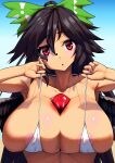  1girl absurdres areolae arms_up bikini bikini_pull bird_wings black_hair black_wings bow breasts clothes_pull commentary_request green_bow hair_bow highres hodara_kika huge_breasts long_hair looking_at_viewer micro_bikini open_mouth ponytail radiation_symbol red_eyes reiuji_utsuho solo swimsuit third_eye touhou upper_body white_bikini wings 