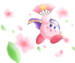  :d absurdres blue_eyes blurry blurry_foreground clothing_request commentary_request copy_ability fan flower highres kirby kirby&#039;s_return_to_dream_land kirby_(series) leaf mitorizu_02 ninja_kirby open_mouth paper_fan pink_flower simple_background smile white_background 