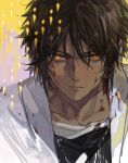  1boy arknights bangs black_shirt blood blood_on_face bloody_clothes bright_pupils brown_hair ear_clip earrings jewelry male_focus shirt short_hair solo thorns_(arknights) upper_body xiandao1213 yellow_background yellow_eyes 