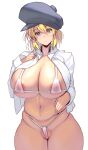  1girl :&lt; absurdres areola_slip areolae belly bikini black_headwear blonde_hair blue_eyes blush breasts cabbie_hat cameltoe collared_shirt commentary_request covered_nipples cowboy_shot fingernails hat head_tilt highres huge_breasts labia legs_together masao micro_bikini navel nipples open_clothes open_shirt original plump see-through_swimsuit shirt short_hair skindentation solo standing swimsuit thick_thighs thighs underboob white_background white_bikini 