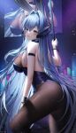  1girl absurdres animal_ears arm_strap ass azur_lane bare_shoulders black_legwear black_leotard blue_eyes blue_hair bodystocking breasts bunny_ears commentary feet_out_of_frame from_side glowstick hair_intakes highres huge_filesize large_breasts leotard long_hair looking_at_viewer looking_to_the_side meoyo new_jersey_(azur_lane) new_jersey_(exhilarating_steps!)_(azur_lane) official_alternate_costume parted_lips playboy_bunny screen sideboob smile solo standing strapless strapless_leotard stripper_pole very_long_hair wrist_cuffs 