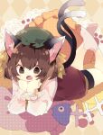  1girl :o animal_ear_fluff animal_ears argyle argyle_background bangs black_shorts blush brown_eyes brown_hair cat_ears cat_tail chen eyebrows_visible_through_hair fang feet_up fish_bone gold_trim green_headwear hair_between_eyes hands_on_own_chin hands_up hat head_rest highres long_sleeves looking_at_viewer lying mob_cap multiple_tails nekomata nikorashi-ka no_shoes on_stomach open_mouth paw_print paw_print_background pillow polka_dot red_vest short_hair shorts simple_background solo tail touhou two_tails vest 