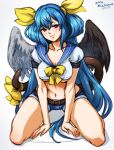  1girl all_fours alternate_costume artist_name asymmetrical_wings bangs bare_legs belt blue_hair blush bow breasts cleavage collarbone dated dizzy_(guilty_gear) guilty_gear guilty_gear_xx hair_between_eyes hair_bow hair_ribbon hair_rings kneeling large_breasts mina_cream navel red_eyes ribbon school_uniform seductive_smile serafuku short_shorts shorts simple_background smile stomach tail tail_ornament tail_ribbon twintails underboob white_background wings yellow_bow yellow_ribbon 