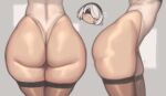  1girl :&lt; ass blush_stickers brown_legwear chibi commentary from_behind from_side highres kelvin_hiu leotard mole mole_under_mouth multiple_views nier_(series) nier_automata short_hair skindentation thick_thighs thighhighs thighs white_hair white_leotard wide_hips yorha_no._2_type_b 