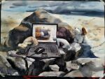  abstract cat commentary_request computer food hodara_kika laptop mouse_(computer) no_humans onigiri original rock shell stuffed_animal stuffed_dog stuffed_toy traditional_media watercolor_(medium) 