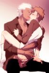  2boys anal archer_(fate) blush clothed_sex dark-skinned_male dark_skin dress_shirt emiya_shirou fate/hollow_ataraxia fate/stay_night fate_(series) french_kiss inaho178 kiss male_focus multiple_boys open_clothes open_shirt orange_hair raglan_sleeves red_hair selfcest shirt shirt_grab sitting socks straddling upright_straddle white_hair yaoi 