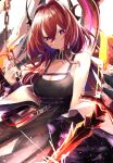  1girl absurdres arknights bare_shoulders black_dress chain chikirea collar demon_girl demon_horns dress highres holding holding_hands horns huge_filesize jacket long_hair looking_down purple_eyes red_hair slit_pupils spiked_collar spikes surtr_(arknights) sword weapon 