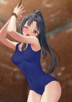  1girl absurdres black_hair blue_swimsuit blurry bound bound_wrists breasts commentary_request commission covered_navel cowboy_shot depth_of_field hattori_shizuka highres kuroniko long_hair looking_at_viewer medium_breasts red_eyes school_uniform skeb_commission solo strike_witches swimsuit tied_up world_witches_series 