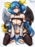  1girl all_fours artist_name asymmetrical_wings bangs bare_shoulders belt black_legwear black_panties blouse blue_hair blush bow breasts choker cleavage dated detached_sleeves dizzy_(guilty_gear) guilty_gear guilty_gear_xrd hair_between_eyes hair_bow hair_ribbon hair_rings kneeling large_breasts looking_at_viewer mina_cream navel panties red_eyes ribbon seductive_smile simple_background smile stomach tail tail_ornament tail_ribbon thigh_strap thighhighs twintails underwear white_background wings yellow_bow yellow_ribbon 