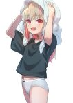  1girl black_shirt bow bow_panties cowboy_shot drying drying_hair eyebrows_visible_through_hair fang grey_hair grey_panties hair_down highres long_hair looking_at_viewer makaino_ririmu multicolored_hair navel nijisanji open_mouth panties pink_hair red_eyes sabamen shirt simple_background skin_fang smile solo streaked_hair t-shirt towel two-tone_hair underwear virtual_youtuber wet wet_hair white_background 