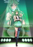  1girl absurdres bangs blush bow breasts full_body gloves green_eyes green_hair hair_ornament hat highres idol idol_clothes jewelry kid_icarus large_breasts long_hair looking_at_viewer megumo microphone palutena skirt smile solo super_smash_bros. thighhighs v very_long_hair white_gloves 
