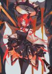  1girl absurdres arknights chain collar demon demon_girl demon_horns dress highres holding holding_weapon horns jacket killert_0401 looking_at_viewer purple_eyes red_hair spiked_collar spikes surtr_(arknights) sword thighhighs weapon 
