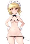  1girl artist_name bikini black_bikini black_neckwear blonde_hair blush bow bowtie breasts closed_mouth cutlass_(girls_und_panzer) dated embarrassed eyebrows_visible_through_hair girls_und_panzer hands_on_hips highres kuzuryuu_kennosuke looking_at_viewer maid_headdress micro_bikini navel shiny shiny_hair shiny_skin short_hair side-tie_bikini simple_background skindentation small_breasts solo swimsuit wavy_mouth white_background yellow_eyes 