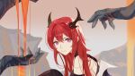  arknights demon_girl demon_horns hands horns jacket long_hair looking_at_viewer molten_rock nini purple_eyes red_hair sitting slit_pupils smile surtr_(arknights) thighhighs 