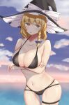  1girl @_@ absurdres alternate_costume arms_under_breasts bags_under_eyes bangs bikini black_bikini black_headwear blonde_hair blue_bow blue_sky blush bow braid breasts cleavage cloud commentary_request cookie_(touhou) cowboy_shot eyebrows_visible_through_hair hair_bow hat highres horizon ikikiksgiksg kirisame_marisa large_breasts long_hair looking_at_viewer mars_(cookie) navel open_mouth side_braid single_braid sky solo swimsuit thigh_gap touhou water witch_hat yellow_eyes 