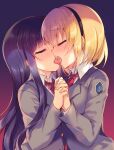  2girls bangs black_hairband blazer blonde_hair blunt_bangs blush closed_eyes collared_shirt commentary_request couple facing_another french_kiss from_side furude_rika grey_jacket hairband heavy_breathing highres higurashi_no_naku_koro_ni holding_hands houjou_satoko interlocked_fingers jacket kiss long_hair long_sleeves multiple_girls necktie profile purple_hair red_neckwear saliva school_uniform shirt st._lucia_academy_school_uniform suzunone_rena tongue very_long_hair white_shirt yuri 