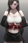  1girl bare_shoulders black_hair breasts cleavage clothing_cutout cracking_knuckles crop_top elbow_gloves fed_(giba) final_fantasy final_fantasy_vii gloves highres large_breasts looking_at_viewer miniskirt navel navel_cutout red_eyes shoulder_strap skirt solo strap tank_top tifa_lockhart 