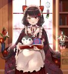  1girl :d animal_ears apron bangs black_choker black_hair blush book bookshelf brown_eyes brown_kimono choker commentary_request dog_ears dog_hair_ornament eyebrows_visible_through_hair fangs flower frilled_apron frills hair_flower hair_ornament heterochromia holding holding_book inui_toko japanese_clothes kerosene_lamp kimono long_sleeves looking_at_viewer lunacats maid_headdress nijisanji open_book open_mouth red_eyes red_flower revision sitting smile solo virtual_youtuber white_apron wide_sleeves wind_chime window 