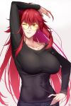  1girl ahoge arm_up aviator_sunglasses bangs black_shirt breasts collarbone covered_navel earrings jewelry large_breasts long_hair long_sleeves looking_at_viewer okitakung one_eye_closed original red_eyes red_hair shirt smile solo sunglasses tinted_eyewear 