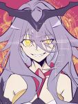  +_+ 1girl absurdres bangs bare_shoulders evil_grin evil_smile fibonacci_no_usagi glowing glowing_eyes grin hair_between_eyes hair_ornament highres honkai_(series) honkai_impact_3rd long_hair looking_at_viewer profile purple_eyes sirin smile solo teeth yellow_eyes 