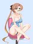  1girl akigumo_(kancolle) blue_camisole blue_panties bra breasts brown_hair camisole chair cleavage commentary_request dated full_body green_eyes hair_ribbon indian_style kantai_collection large_breasts light_blue_background long_hair masara_(chuujou) mole mole_under_eye panties pencil_mustache ponytail ribbon simple_background sitting solo strap_slip strapless strapless_bra twitter_username underwear white_bra 