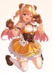  1girl ;d animal_bag animal_ears arm_garter bad_id bad_pixiv_id bare_shoulders bear_bag bear_ears bear_paws bell blonde_hair blush bodice boots bow bowtie breasts brown_footwear cleavage cleavage_cutout clothing_cutout corset cutout_above_navel eyebrows_visible_through_hair flower frilled_legwear frilled_shirt frilled_skirt frills gloves gradient_hair green_eyes hair_flower hair_ornament highres hololive jingle_bell jumping large_breasts layered_skirt long_hair miniskirt momosuzu_nene multicolored_hair multicolored_neckwear neck_bell one_eye_closed open_mouth orange_shirt orange_skirt paw_gloves paw_pose paws peach_ornament pink_hair shirt single_sock single_thighhigh skirt skirt_set sleeveless sleeveless_shirt smile socks solo thighhighs two_side_up underbust uneven_legwear upper_teeth virtual_youtuber vococo white_legwear yellow_skirt 