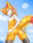  1girl absurdres aircraft airplane ancesra animal_ear_fluff animal_ears animal_nose artist_name ass back bangs black_fur blonde_hair blue_sky blush body_fur braixen breasts cloud completely_nude condensation_trail cowboy_shot day flower fox_ears fox_girl fox_tail from_behind furry gen_6_pokemon hair_flower hair_ornament half-closed_eyes hand_on_own_ass happy highres legs_apart lens_flare looking_at_viewer looking_back medium_hair moon multicolored_hair nipples nude orange_hair outdoors parted_lips patreon_username pokemon pokemon_(creature) pussy red_flower red_hair shiny shiny_hair shiny_skin sky small_breasts smile snout solo standing streaked_hair tail teeth uncensored watermark web_address wet white_fur yellow_fur 