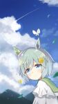  1girl animal animal_ears bangs blue_eyes blue_hair blue_sky blush bug butterfly closed_mouth cloud commentary day ear_covers eyebrows_visible_through_hair flower green_sailor_collar hair_between_eyes hair_flower hair_ornament hairclip highres horse_ears insect ixia_(ixia424) leaf leaves_in_wind light_smile looking_at_viewer mountain outdoors sailor_collar seiun_sky_(umamusume) shirt short_hair sky solo umamusume upper_body white_butterfly white_shirt yellow_butterfly yellow_flower 