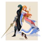  2girls bangs blonde_hair blue_eyes blue_hair breasts byleth_(fire_emblem) byleth_(fire_emblem)_(female) cape dress fire fire_emblem fire_emblem:_three_houses gown green_eyes hair_ornament highres long_hair looking_at_viewer medium_hair multiple_girls pantyhose pointy_ears princess_zelda rv_(gvdn7245) rvkingu simple_background smile super_smash_bros. sword_of_the_creator the_legend_of_zelda the_legend_of_zelda:_a_link_between_worlds triforce 