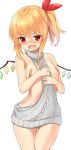  angry backless_dress backless_outfit bandaid bandaids_on_nipples bangs bare_arms bare_shoulders blonde_hair blush breasts cowboy_shot crystal dress eyebrows_visible_through_hair flandre_scarlet gluteal_fold grey_sweater hair_ornament hair_ribbon highres long_hair looking_at_viewer meme_attire naked_sweater nose_blush one_side_up open_mouth pasties pointy_ears red_eyes red_ribbon ribbed_sweater ribbon shiron_(e1na1e2lu2ne3ru3) simple_background small_breasts smile solo sweater touhou turtleneck turtleneck_sweater v-shaped_eyebrows virgin_killer_sweater white_background wings 