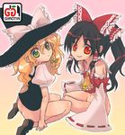  black_hair blonde_hair bottomless braid detached_sleeves girotin_ginza green_eyes hakurei_reimu hat kirisame_marisa multiple_girls red_eyes touhou witch_hat 