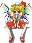  blonde_hair blush flandre_scarlet gengorou hat mary_janes mouth_hold panties ribbon shoes short_hair solo touhou underwear wings 