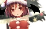  1girl alternate_costume bangs bare_shoulders blurry blurry_background breasts christmas_tree collarbone commentary_request demon_wings futatsuki_eru hair_between_eyes hat head_wings koakuma looking_at_viewer medium_breasts open_mouth pom_pom_(clothes) red_eyes red_hair santa_costume santa_hat short_hair simple_background solo strapless touhou upper_body white_background wings 