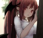  1girl bangs black_wings blurry blurry_background breasts close-up colored_eyelashes cropped demon_wings futatsuki_eru head_wings koakuma large_breasts long_hair looking_at_viewer parted_lips pointy_ears ponytail solo sweater touhou upper_body very_long_hair white_sweater wings 