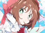  1girl blush bow brown_hair cardcaptor_sakura cherry_blossoms commentary eyebrows_visible_through_hair frills gloves green_eyes hand_in_hair hat ixy kinomoto_sakura light_smile looking_at_viewer petals red_ribbon ribbon short_hair smile solo white_bow wings 