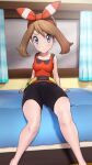  1girl 3d arm_support bangs bare_arms barefoot bed blush bow_hairband breasts brown_hair cameltoe closed_mouth collarbone commentary curtains eyelashes fanny_pack frown greatm8 grey_eyes hairband highres indoors knees leaning_back looking_at_viewer may_(pokemon) medium_hair on_bed pokemon pokemon_(game) pokemon_oras shirt sitting sleeveless sleeveless_shirt solo window 