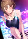  1girl bangs bare_arms bare_legs bare_shoulders blue_swimsuit blurry blurry_background blush braid breasts brown_eyes brown_hair cleavage collarbone eyebrows_visible_through_hair idolmaster idolmaster_shiny_colors kuwayama_chiyuki large_breasts looking_at_viewer one-piece_swimsuit outdoors parted_lips pool satou_kuuki smile solo swimsuit wet 