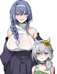  2girls animal_ears aqua_eyes bangs banssee bare_shoulders blue_hair blush braid braided_ponytail breasts choker dp-12_(girls&#039;_frontline) eyebrows_visible_through_hair flower french_braid girls&#039;_frontline grey_eyes grey_hair hair_between_eyes hair_flower hair_ornament hair_over_shoulder hairband height_difference highres huge_breasts ksvk_(girls&#039;_frontline) looking_at_viewer mother_and_daughter multiple_girls off_shoulder official_alternate_costume smile sunflower sweat upper_body wavy_mouth white_background younger 