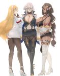  3girls absurdres azur_lane black_choker black_footwear black_gloves black_legwear black_shorts black_skirt blonde_hair blue_eyes blush boots breasts choker cleavage cross cross_necklace crossed_arms epaulettes feather_hair_ornament feathers full_body gloves grey_hair hair_ornament hands_on_hips high_heels highres jacket jacket_on_shoulders jewelry kyuu_(8bitkyuu) large_breasts long_hair long_sleeves looking_at_viewer midriff mole mole_on_breast multiple_girls native_american navel necklace north_carolina_(azur_lane) one_eye_closed pantyhose shorts skirt south_dakota_(azur_lane) sparkle thigh_boots thighhighs washington_(azur_lane) white_footwear white_jacket white_skirt yellow_eyes 