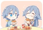 2girls bangs black_hair blue_eyes burger closed_eyes closed_mouth drinking_straw eating food food_in_mouth food_on_face french_fries fu_hua fu_hua_(herrscher_of_sentience) hair_between_eyes heart highres holding holding_food honkai_(series) honkai_impact_3rd long_hair mon_momu multiple_girls pink_background ponytail soda table tray 