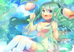  1girl :d alraune_(p&amp;d) bangs bare_shoulders blue_eyes blurry blurry_background blush breasts cleavage commentary_request day depth_of_field dress eyebrows_visible_through_hair feet_out_of_frame flower green_dress green_hair hair_between_eyes hands_up kou_hiyoyo long_hair open_mouth outdoors puzzle_&amp;_dragons rainbow ringlets sitting small_breasts smile solo sparkle strapless strapless_dress swing thighhighs twintails very_long_hair white_legwear yellow_flower 