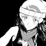  1girl bare_arms beanie black_background black_hair blush closed_mouth commentary_request dawn_(pokemon) eyelashes greyscale hair_ornament hairclip hat long_hair monochrome omyo_(myomyomyo22) pokemon pokemon_(game) pokemon_dppt scarf simple_background sketch sleeveless smile solo 