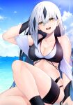  1girl absurdres bangs bare_shoulders bikini black_hair blush breasts cleavage collarbone fate/grand_order fate_(series) green_eyes highres koha-ace kugatunohito large_breasts long_hair looking_at_viewer multicolored_hair nagao_kagetora_(fate) navel open_mouth smile solo streaked_hair swimsuit thighs two-tone_hair white_hair 