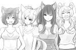  4girls animal_ears arms_up bare_shoulders blake_belladonna breasts cat_ears cat_girl cleavage closed_eyes collarbone english_commentary greyscale hair_between_eyes large_breasts long_hair long_sleeves looking_at_another looking_at_viewer midriff monochrome multiple_girls nachocobana navel one_eye_closed open_mouth ruby_rose rwby short_hair short_sleeves sleeveless stretch upper_body weiss_schnee yang_xiao_long 