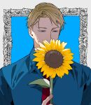  1boy bangs blonde_hair blue_background blue_eyes blue_shirt collared_shirt dress_shirt flower framed highres holding holding_flower jujutsu_kaisen looking_away male_focus mochiya_(mochiya0504) nanami_kento necktie red_neckwear shirt short_hair solo sunflower upper_body white_backround 