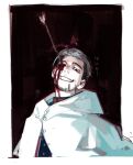 1boy arrow_(projectile) arrow_in_head blood blood_on_face bloody_tears cape golden_kamuy hair_slicked_back hair_strand highres looking_at_viewer mgchan922761 military military_uniform ogata_hyakunosuke red_background smile uniform white_cape 